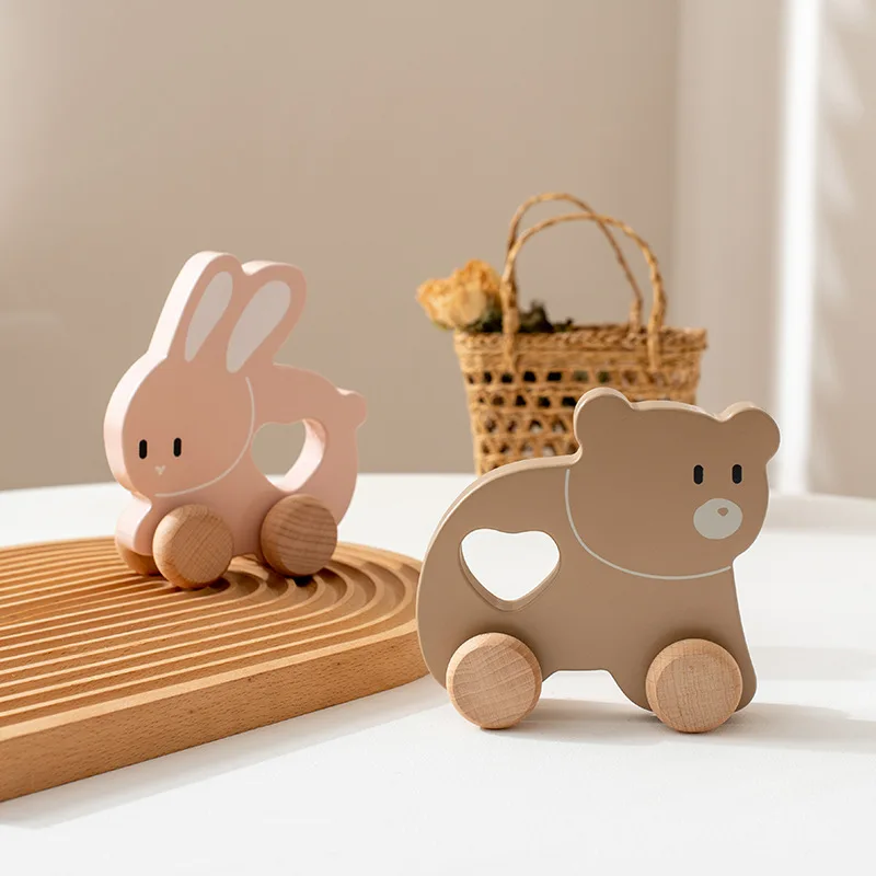 Wooden Car Baby Trolley Toys Educational Montessori Toys Hand Coordination Rabbit  Handmade Crafts Hand Grasping Exercise Gift