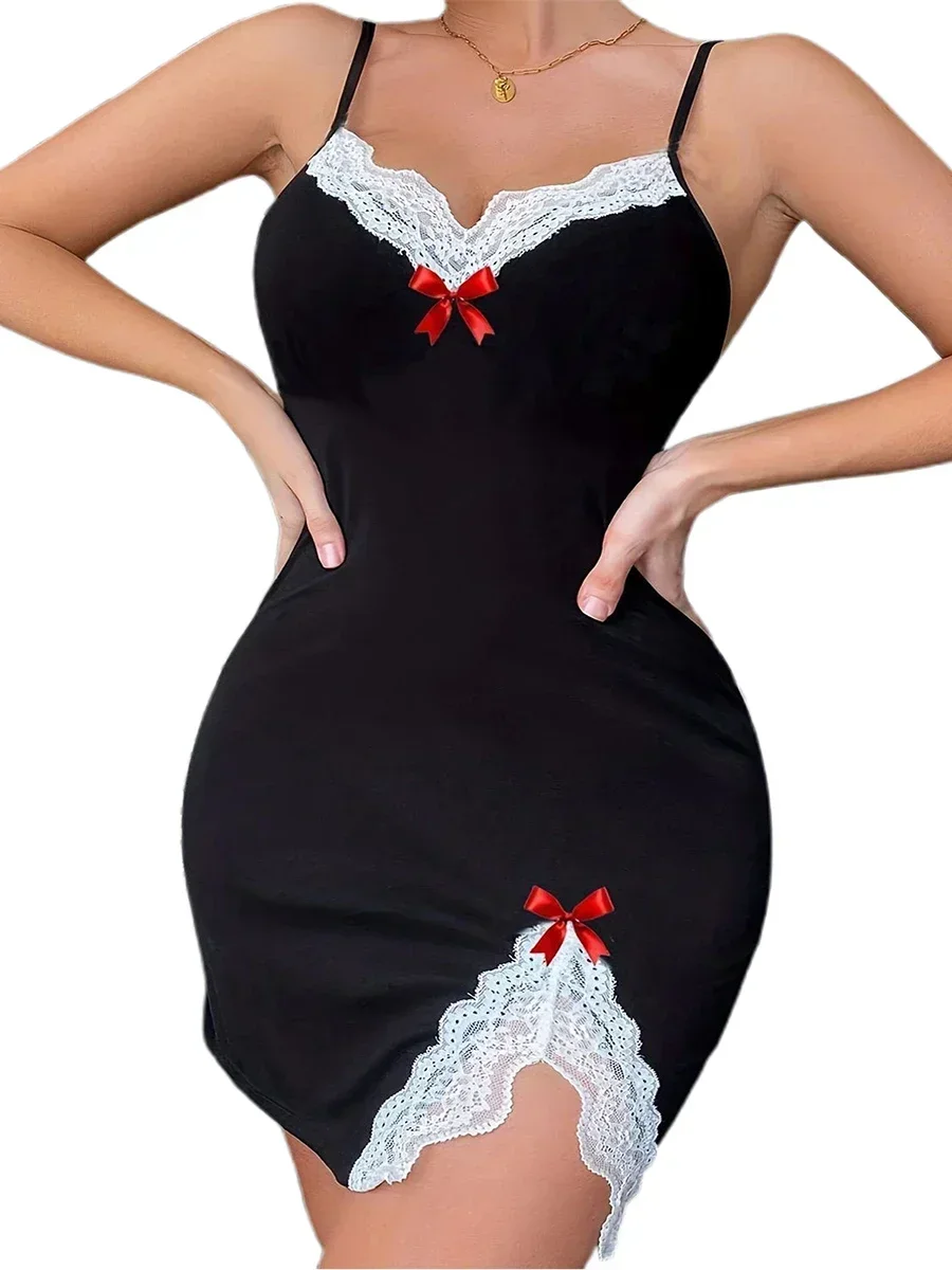 Camisón sin mangas con cuello en V para mujer con ribete de encaje y dobladillo dividido Camisón de verano para un vestido ajustado de aspecto elegante