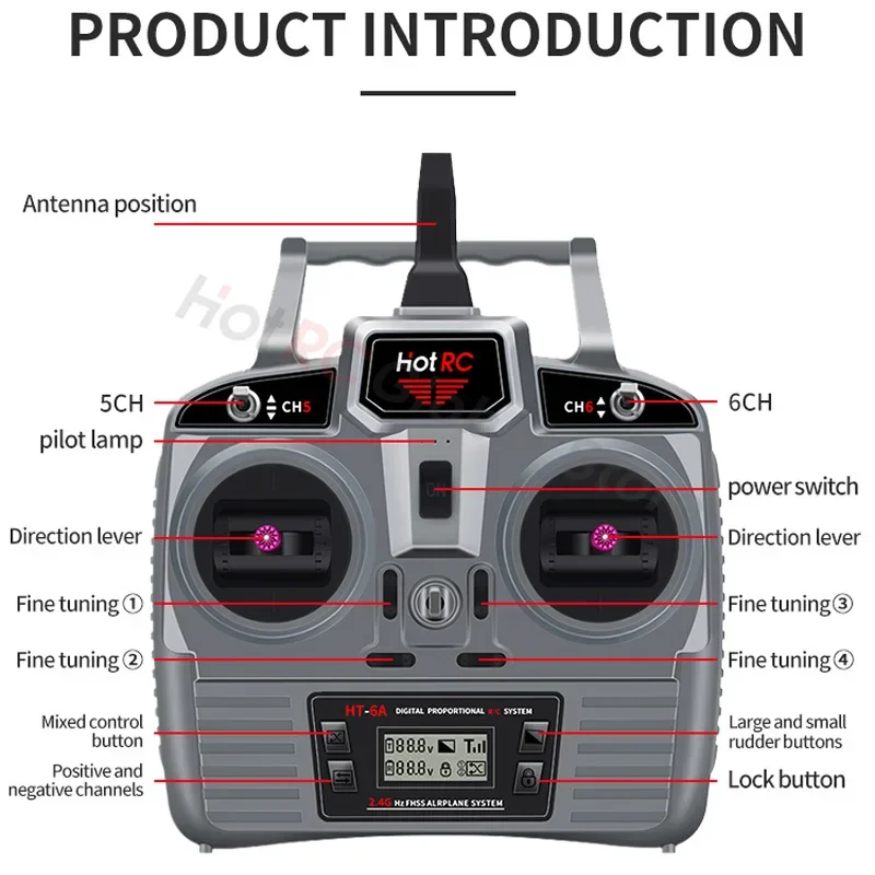 HOTRC-transmisor de 6 canales a control remoto para Dron, HT-6A de 2,4G, FHSS, receptor de 6 canales, F-06A Mode2, mano izquierda, 6 CANALES