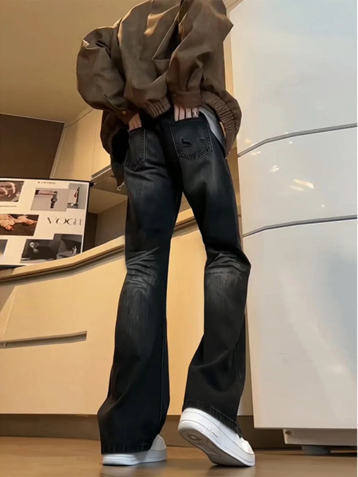 American High Street Sle  Jeans Men's Vintage Waed Bla Cleanfit Slimming High Waist Flared Pants Youth Trend
