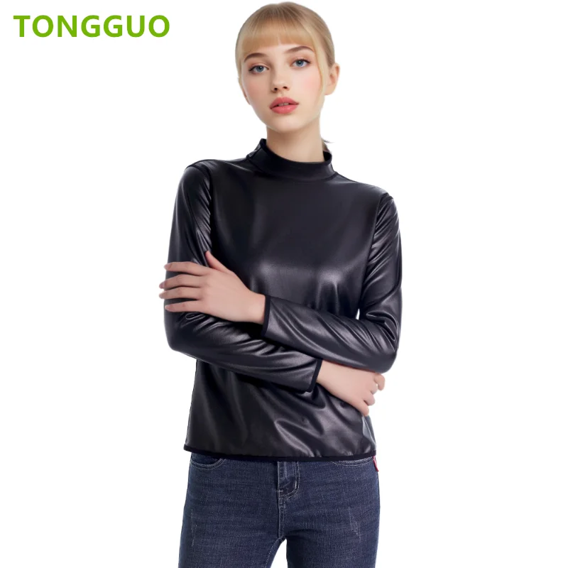 Cool femme corps Shaper cuir col montant manches longues chemise moto Biker hauts taille formateur t-shirt mode Shapewear hauts