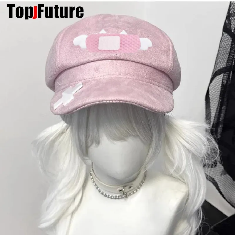 Women's Harajuku Gothic Lolita Injured Bunny Beret Hat Y2k Girls Medical Band Aid Punk Accessories Caps Injured Cat Caps