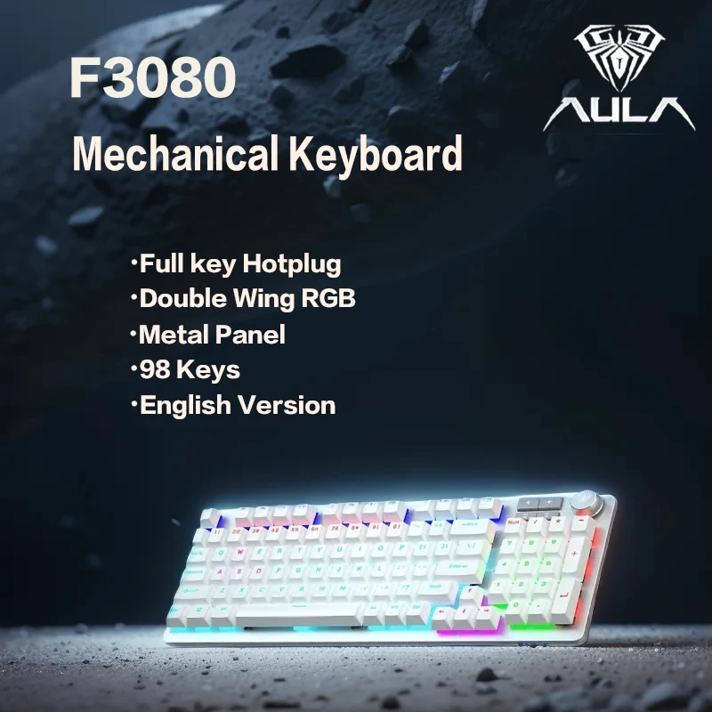 AULA F3080 Gaming Mechanical Keyboard Hot Swap RGB Double Flank Lights Wire Key Separation Metal Panel Two Color Key Caps 98-Key