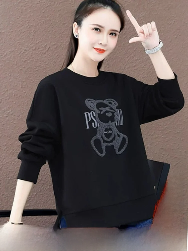 

Роскошный брендовый весенне-осенний дизайн, круглый свитшот с вышивкой Ne Bear, женский модный антивозрастной топ в Корейском стиле