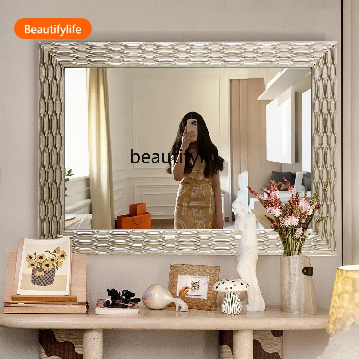 

13European Modern Light Luxury Style Bathroom Mirror Simple High-end Makeup Mirror Home French Decorative Mirror