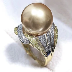 Huitan Luxury Champagne Simulated Pearl Ring Female Party Jewelry with Brilliant Zirconia Fashion Two-tone Style Accessories