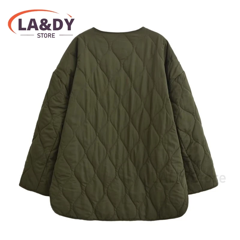 2024 Autumn Winter Women Fashion V Neck Parkas Coat Female Casual  Loose Long Sleeve Army Green  Zipper Jacket Outerwears