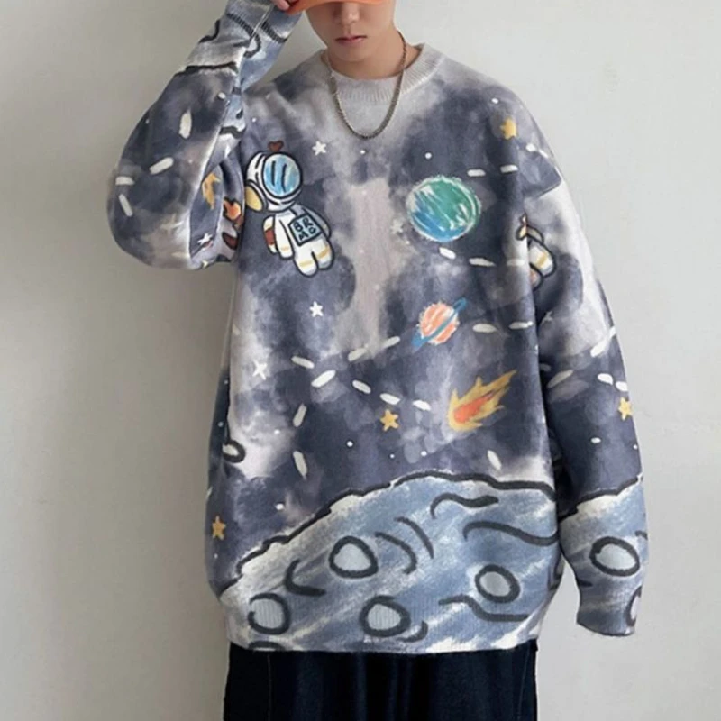 เสื้อสเวตเตอร์พิมพ์ลายสำหรับผู้ชายทรงหลวมเสื้อสเวตเตอร์ถักคู่แนวสตรีทฮิปฮอปแฟชั่นฤดูใบไม้ร่วงฤดูหนาว