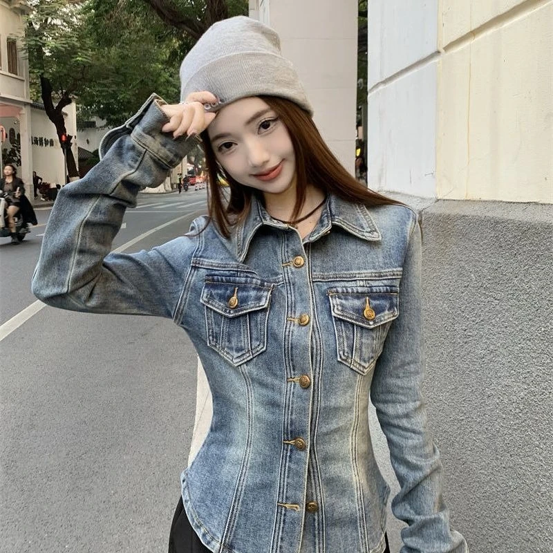 

Vintage Blue Polo Collar Shirt Women Spring Slim Fit Denim Button Up Top Belted Waist Casual Chic Blouse