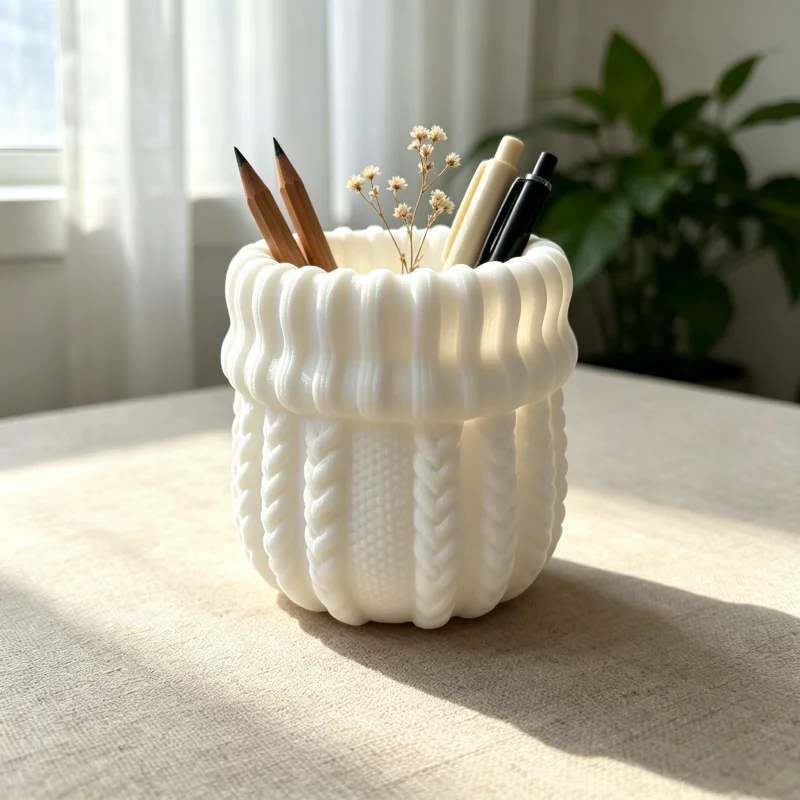 Large-Capacity White Cable-Knit Sweater Texture Multifunctional Storage Bin, Three-Dimensional Embossed Knitted Ribbed Design Desktop Pen Holder, Matte Minimalist Style Stationery Storage Bin, Makeup Brush Storage Box, Suitable for Dressing Table, Office Desk, Study Room, Dormitory, Home Office, Categorized Storage, Efficient Space-Saving Desktop Organizer, Warm and Cute Desktop Decoration, Teacher Gift, Student Gift, Housewarming Gift, Women's Birthday Creative Office Gift
