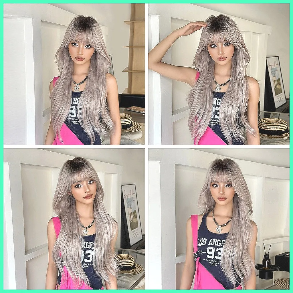 

Длинный прямой парик с челкой, розовыми прядями, синтетический, для женщин, модный и естественный вид