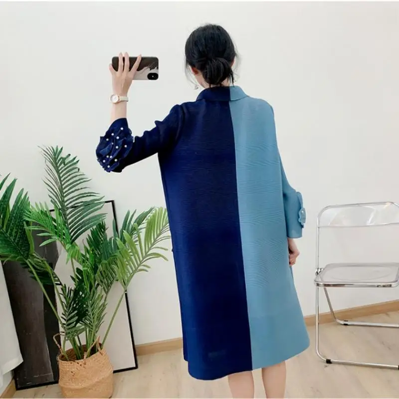 Miyake plisado estampado con cuentas Cardigan, solapa femenina, vestido de talla grande, verano, 2024