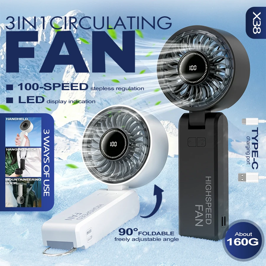 

100 Speeds Handheld Fan, LED Display, Rechargeable, 90° Foldable with Carabiner, Quiet, 4-in-1 Desktop/Lazy/Neck Fan for Travel