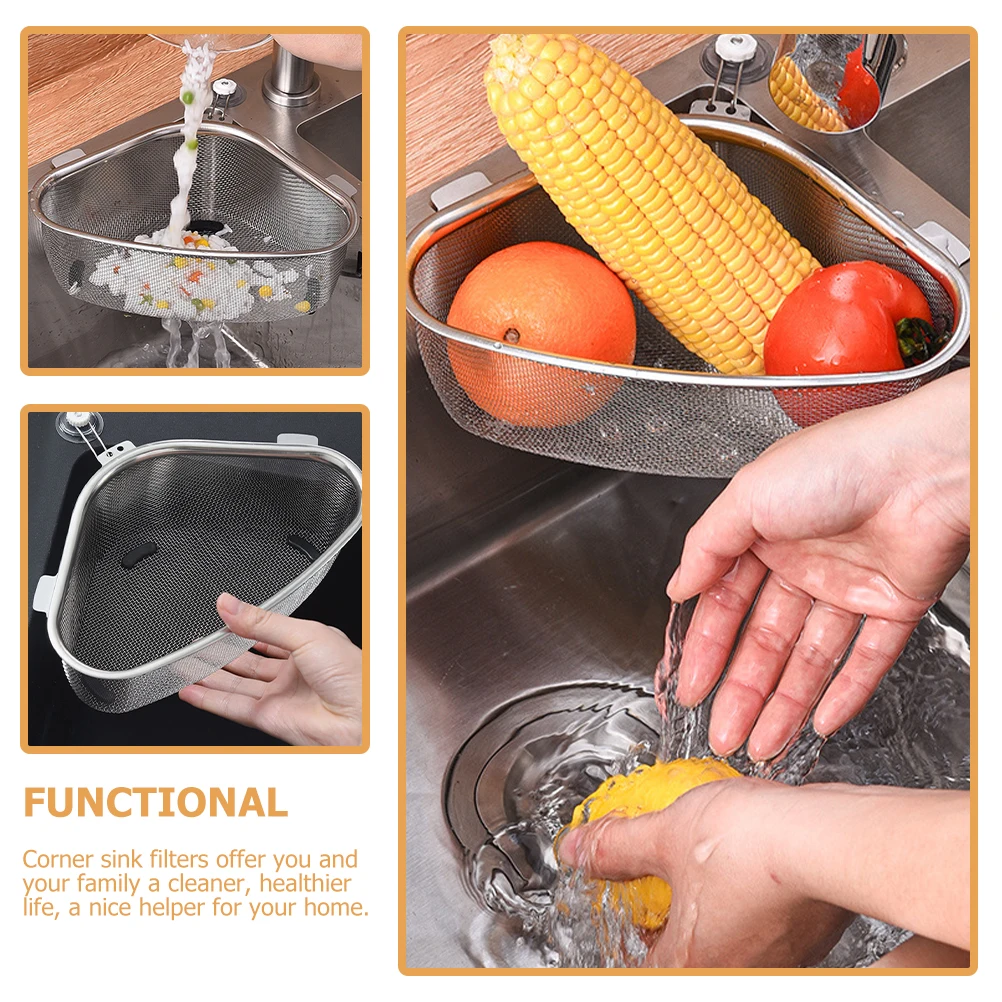 

Stainless Steel Sink Strainer Basket Triangle Corner Kitchen Drain Filter Mesh Food Residue Catcher Drainage Tool