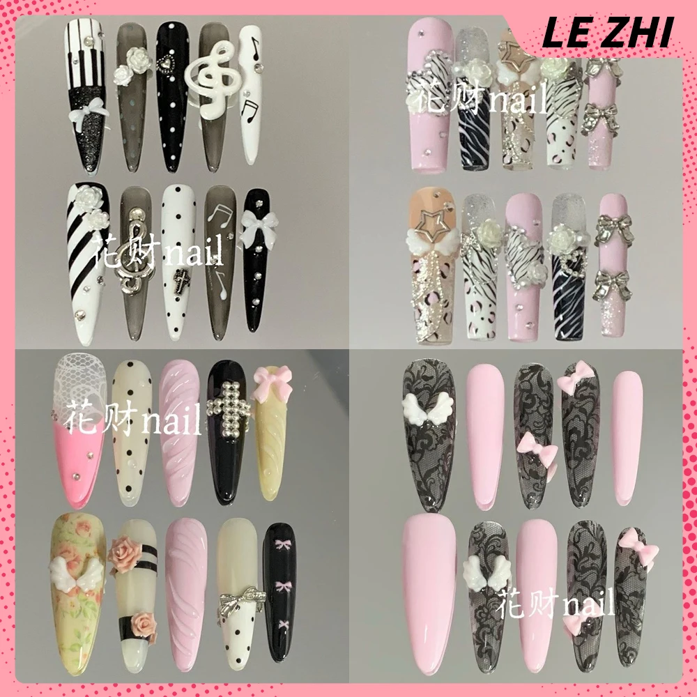 

Sweet Cool Long Coffin Stilettos Handmade Wearable Fake Nails Flower Bowknot Wings Diamond Musical Notes Rivets Press On Nails
