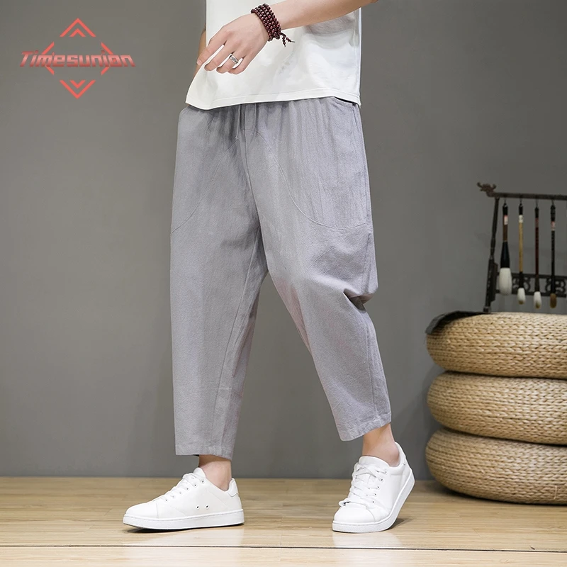 Men's Cotton Linen Pants Male Cool Summer Breathable Harem Pants Solid Color Beach Trousers Yoga Tlastic Waist Cropped Pants