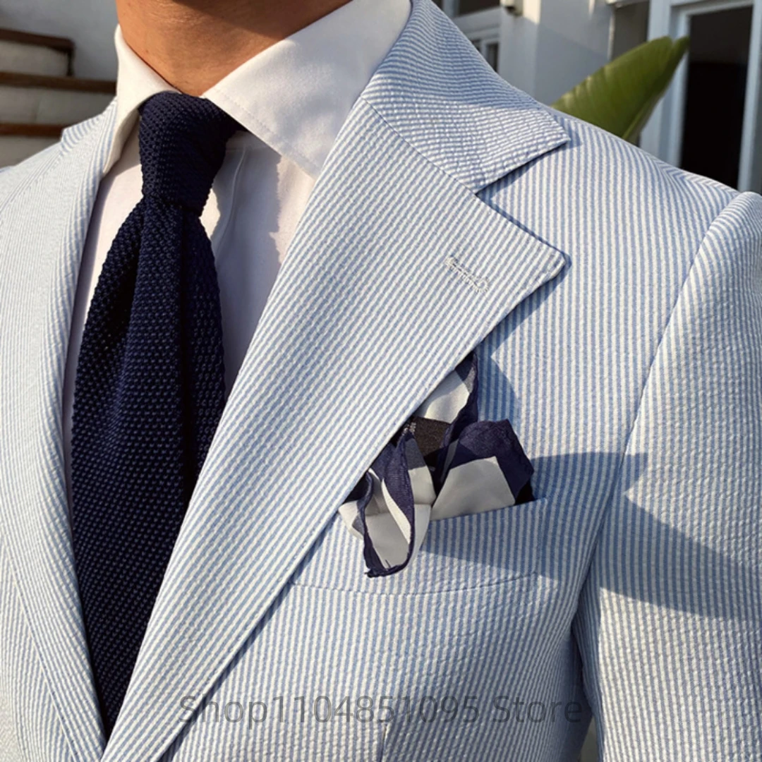 

Летние мужские костюмы из хлопчатобумажной ткани, синий полосатый пиджак с зубчатыми лацканами, брюки, свадебные костюмы, повседневные облегающие деловые мужские костюмы
