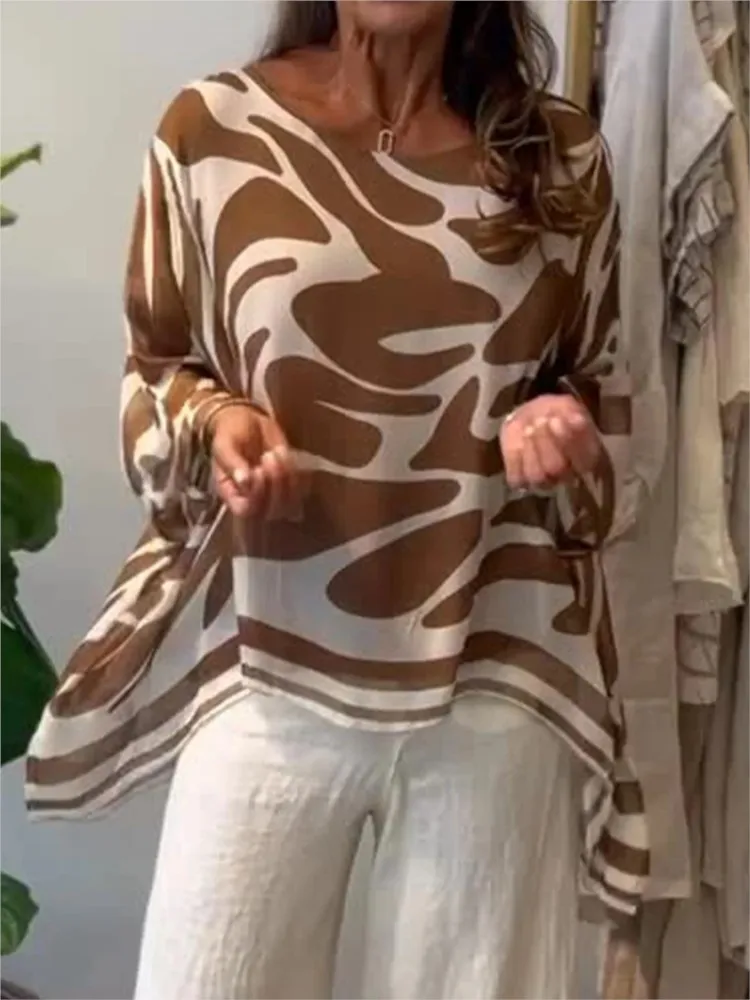 

For Women Round Neck Chiffon Irregular Printed Shirt Tops Spring Summer Elegant Loose Long Sleeve Top Office Ladies Casual Top