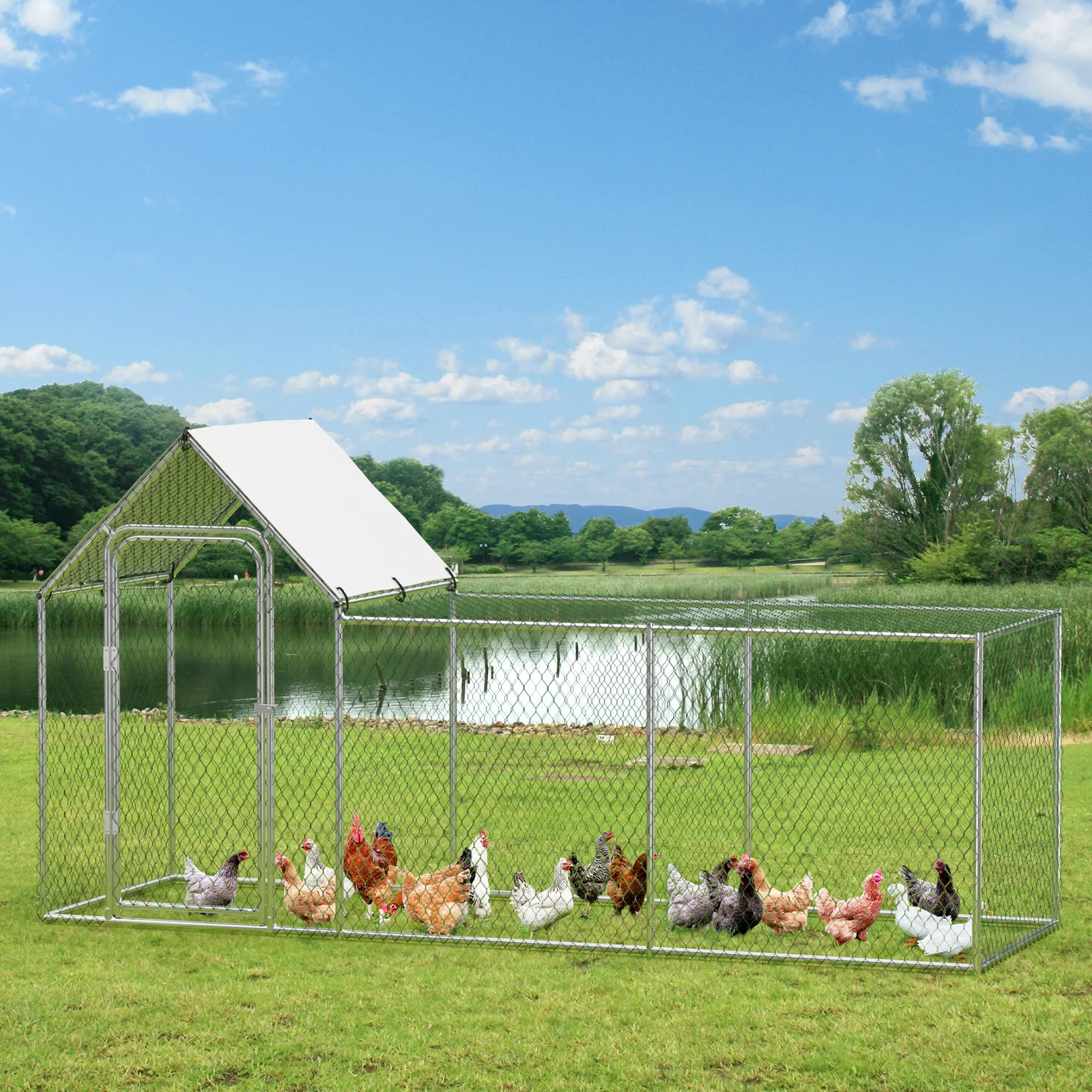 Large Metal Chicken Coop Walk in Poultry Cage Wire Mesh Chicken Run Pen Waterproof Anti-UV Cover Animal House for Rabbit Duck