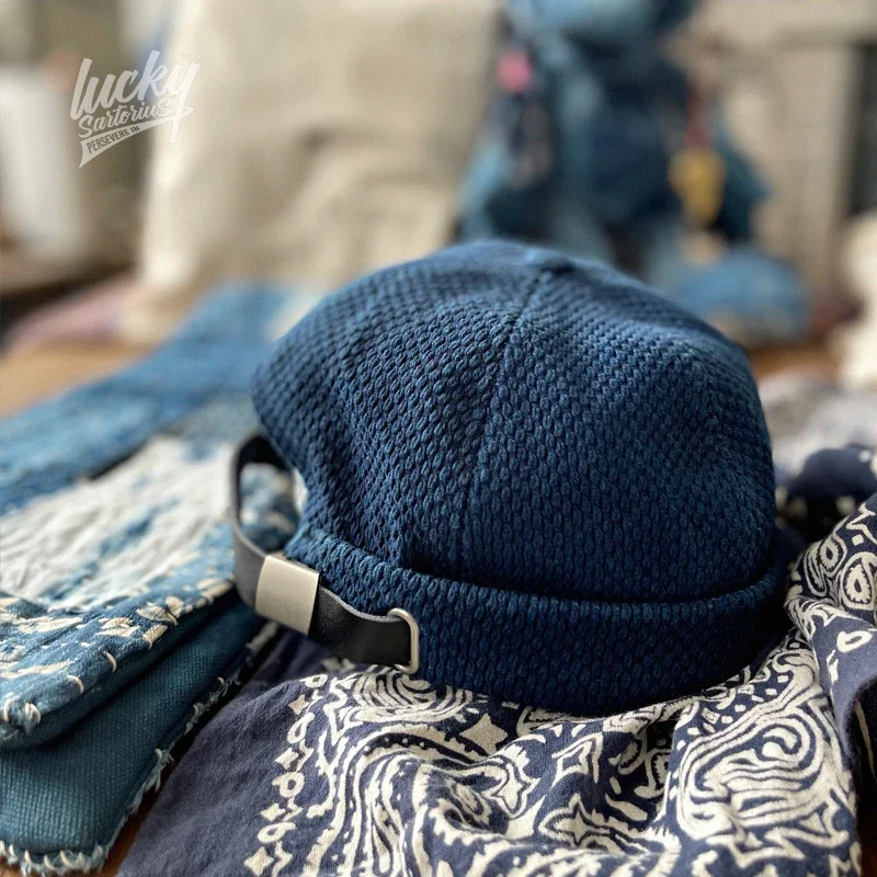 Japan Style Blue Dyed Kendo Cucumis Leather Hat Adjustable Tide Matching Men's and Women's Leisure Dome Brimless Caps