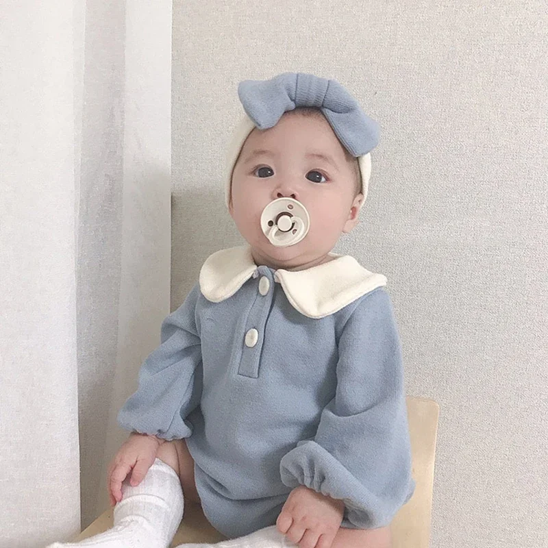 

2PCS Peter Pan Collar Infant Baby Newborn Baby Bodusuits with Hairband Toddler Girls Boys Unisex One Piece Jumpsuit Outfit