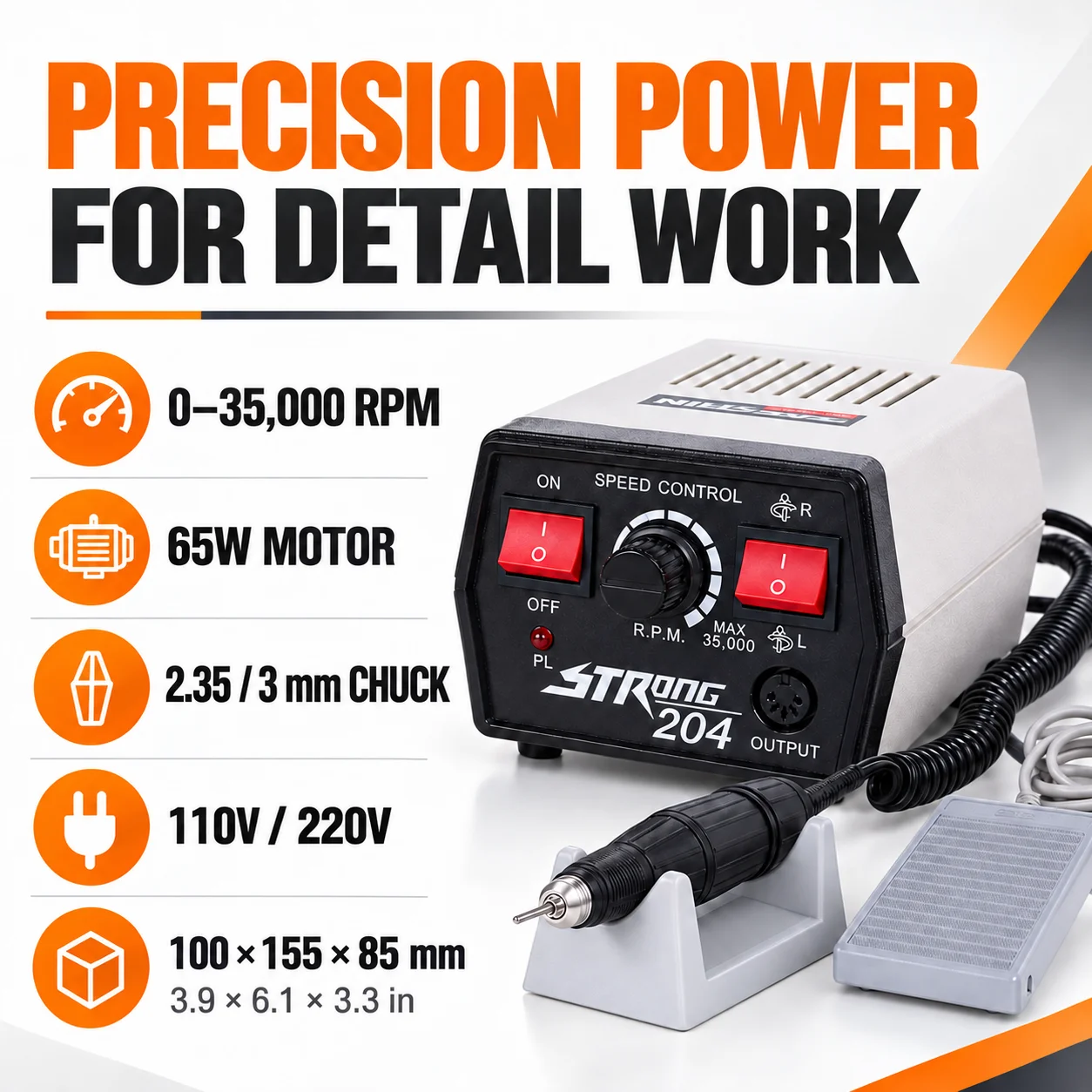 TOOLTOS 204 Jewelry Engraving Machine 35000RPM 65W Micro Motor 2.35mm 3mm Chuck Foot Pedal for Polishing Grinding