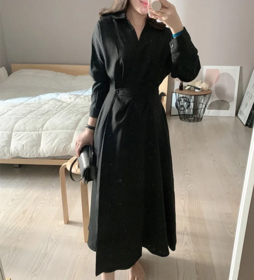 Elegant French Designer Spring White Striped Office Ladies Long Dress Women Lapel Collar One Button Shirt CasualVestidos Robe