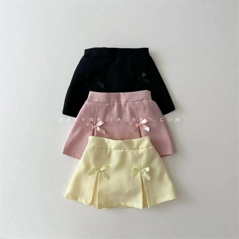 2024 Autumn New Baby Girl Cute Bow Pleated Skirt Solid Sweet Princess Skirts Cotton Infant Girls Short Skirts Kids Mini Skirts