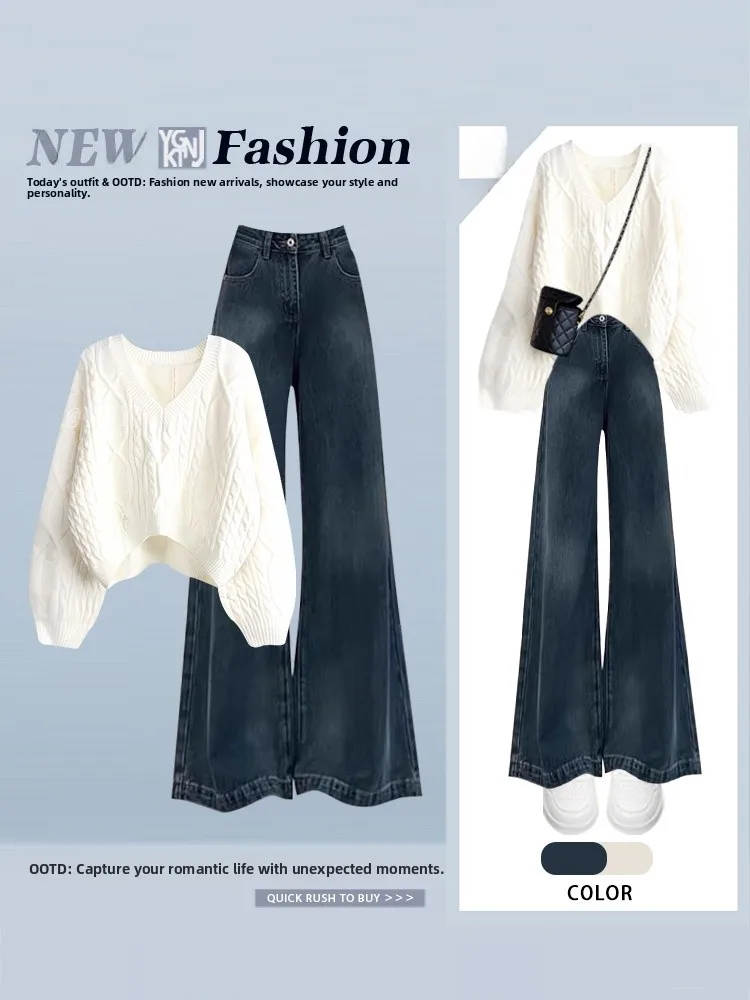 Autunno Inverno Morbido e accogliente Design con foro alla moda Maglione e jeans a campana Set da due pezzi per donna Casual Loose Sle Faion