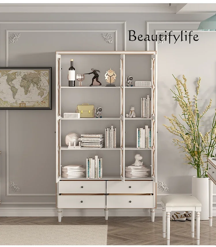 BJ Solid Wood American Light Luxury French Cream Wind Dust Custom Wine Cabinet Living Room Study Display Bookcase