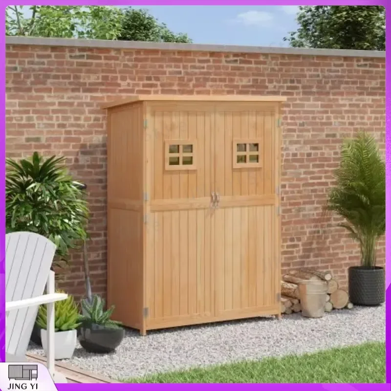 Wooden Garden Shed Tool Storage Cabinet Outdoor Double Door Organizer with Two Windows 127.5L x 50W x 164H cm