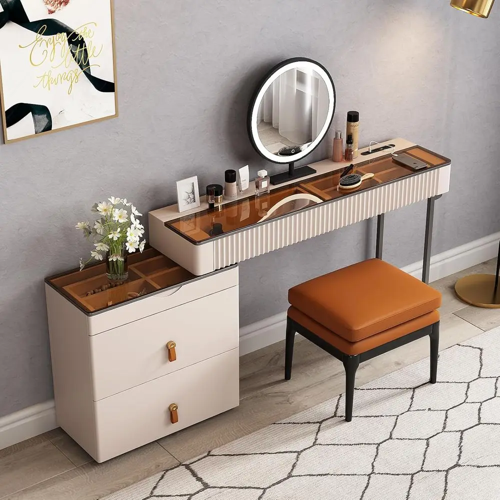 

Luxury Solid Wood Makeup Vanity Set with LED Mirror and Padded Stool