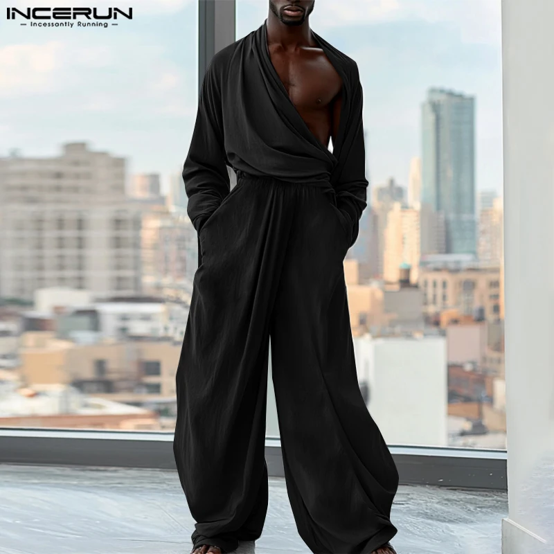 INCEURN Solid Color Deconstruction Jumpsuits 2024 Commuting Ruffled Edge Pants Men Causal Well Fitting Handsome Elegant Bottoms