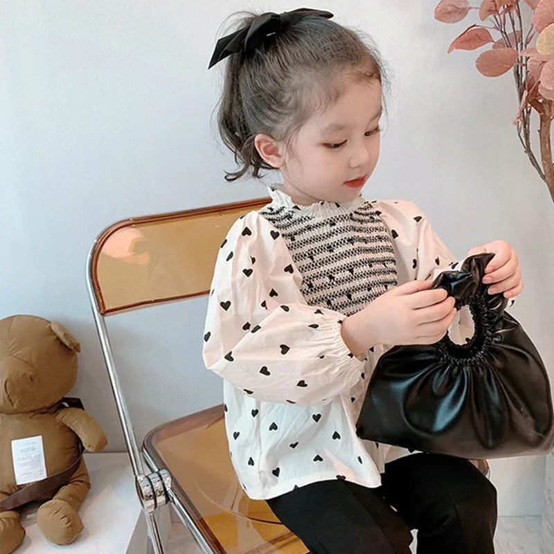 2-8T Toddler Kid Baby Girls Clothes Heart Print Girls Shirt Elegant Long Sleeve Loose Top Blouses Fashion Streetwear Outfit