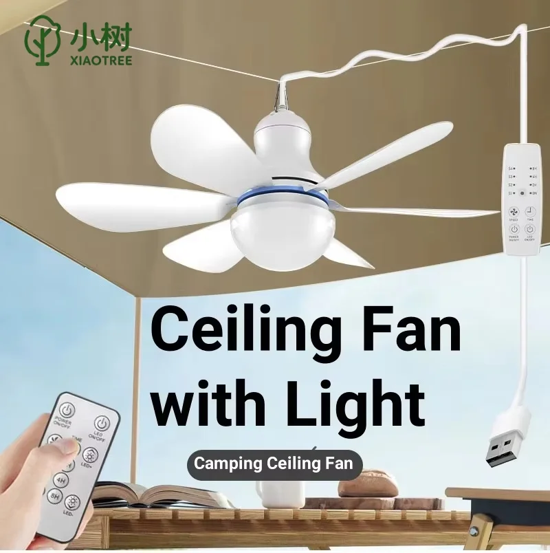 XIAOTREE Portable Ceiling Fan with LED Light Mini DC 5V USB Tent Fans for RV USB Ceiling Fan Hanging Camping Tent Camping Fan