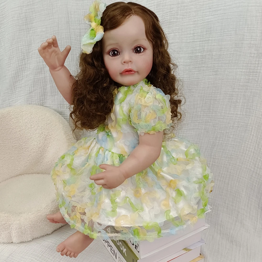 Rara boneca Rapunzel Reborn de vinil de 22" - cabelo loiro longo e encaracolado, olhos castanhos, vestido de princesa verde, poseável, caixa de presente e colecionadores