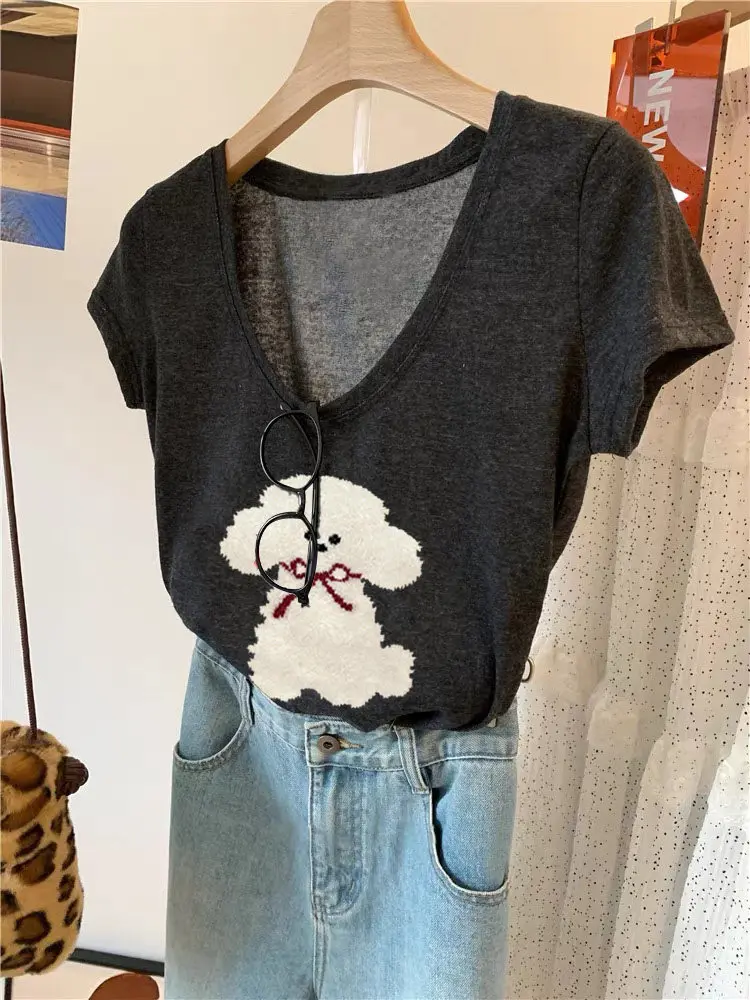 Loose Summer Style Women's T-shirt  Knot Short Sleeve V-neck Thin Transparent Young-looking Large Size 240 Pounds