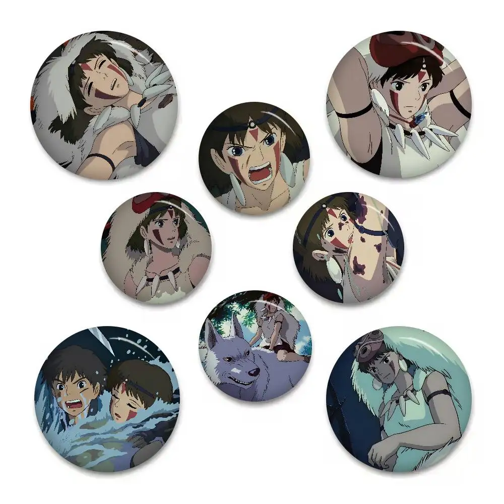Broches de dibujos animados de Anime P-Princess M-Mononoke, insignia de Anime, broche redondo hecho a mano, alfileres de solapa, joyería para mochila, ropa, regalos