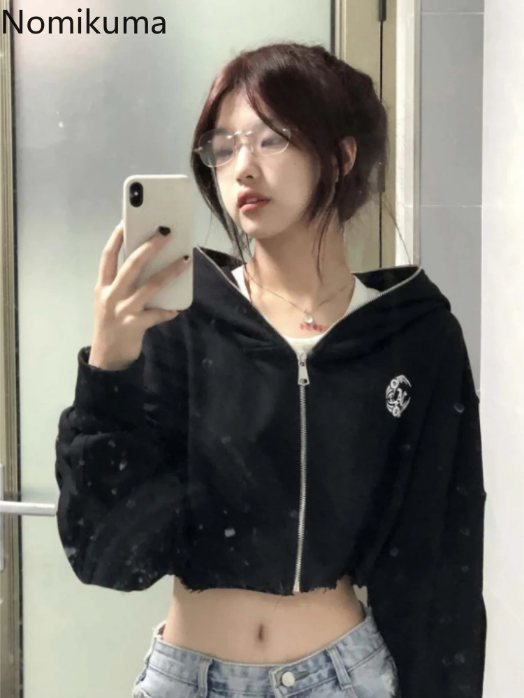 Streetwear Hoodies Women Harajuku Casual Hooded Zipper Jackets Crop Tops 2023 Ropa Mujer Casual Korean Fashion Y2k Sweatshirt