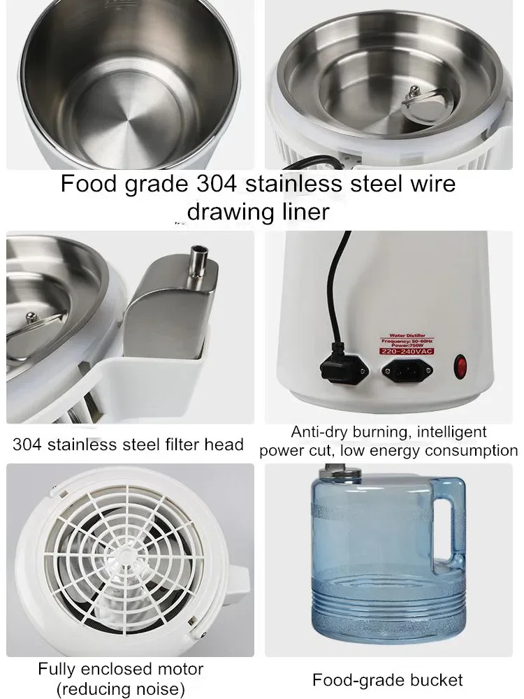 Дистиллятор для воды 220 В, 4 л, очиститель воды для дистилляции, лабораторная гидрозольная машина, 750 Вт, настольный дистиллятор для воды для дома