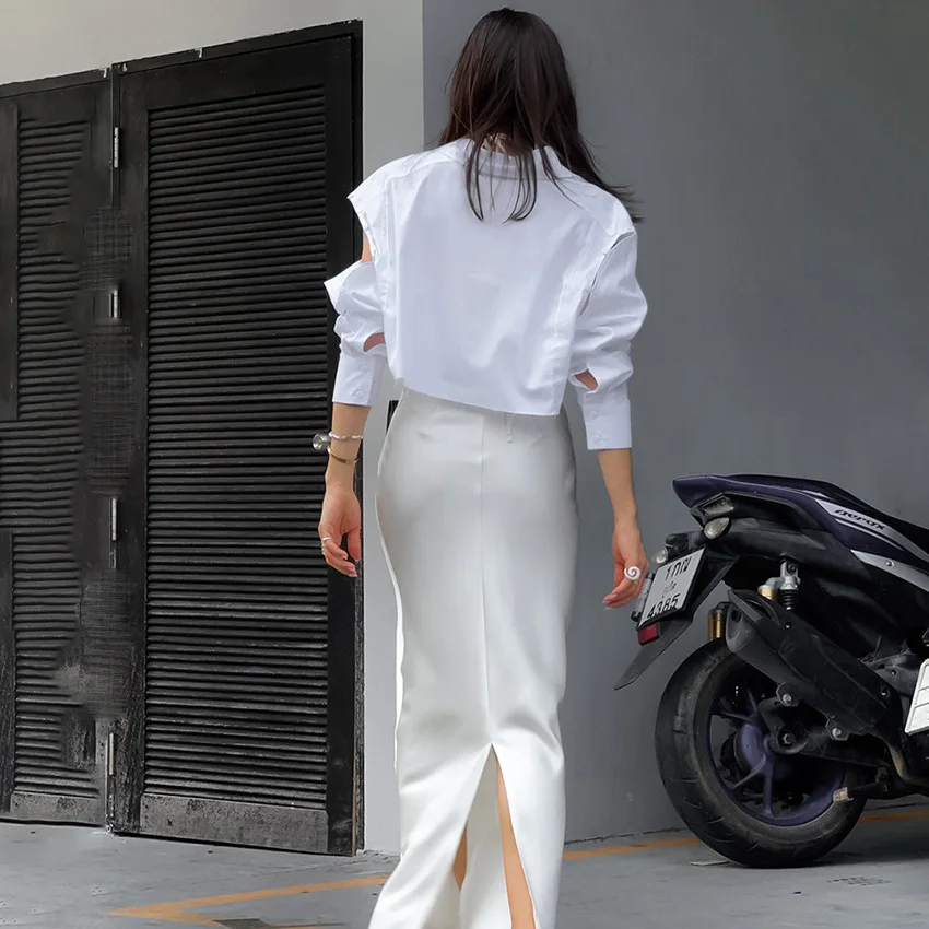 White Silk Skirt High Waist Long Skirt Women Temperament Slim Wrap Hip Midi Skirt Autumn Winter Clothes Streetwear Satin Skirt