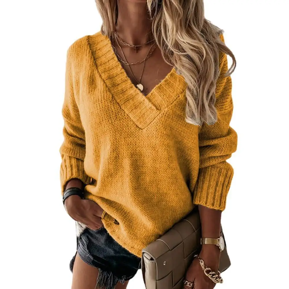 Women’ s Pullover Sexy V Neck Knit Sweater Women\'s Autumn Winter Striped Long Sleeve V Neck Knit Sweater Ladies Casual Jumper