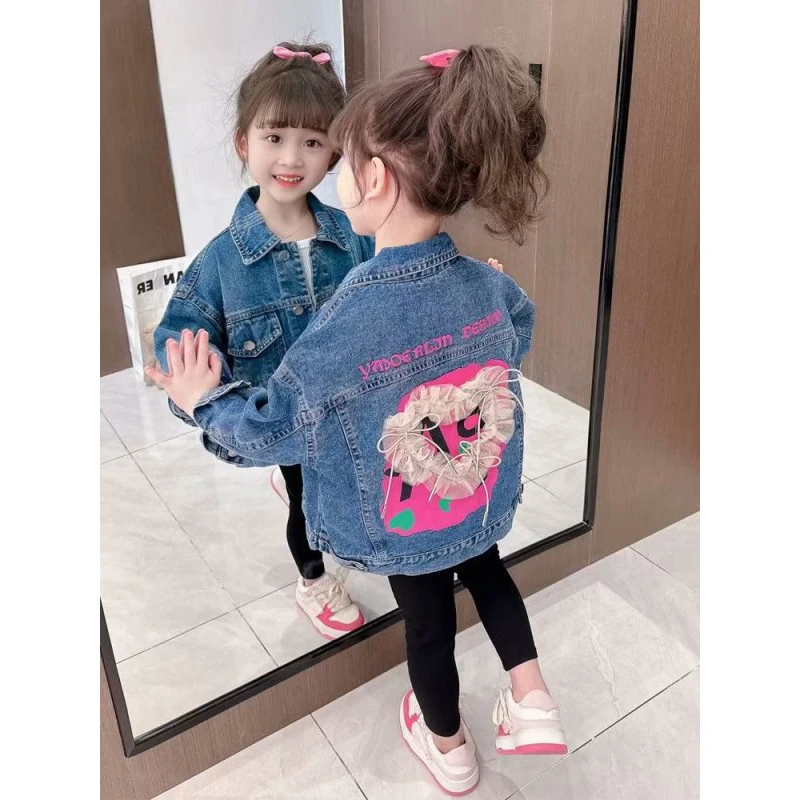 Kids Denim Jackets Baby Girl Fashion Lace Coats Jackets Jeans 2 3 4 5 6 Year Children Outerwear Jean 2023 Spring Autumn