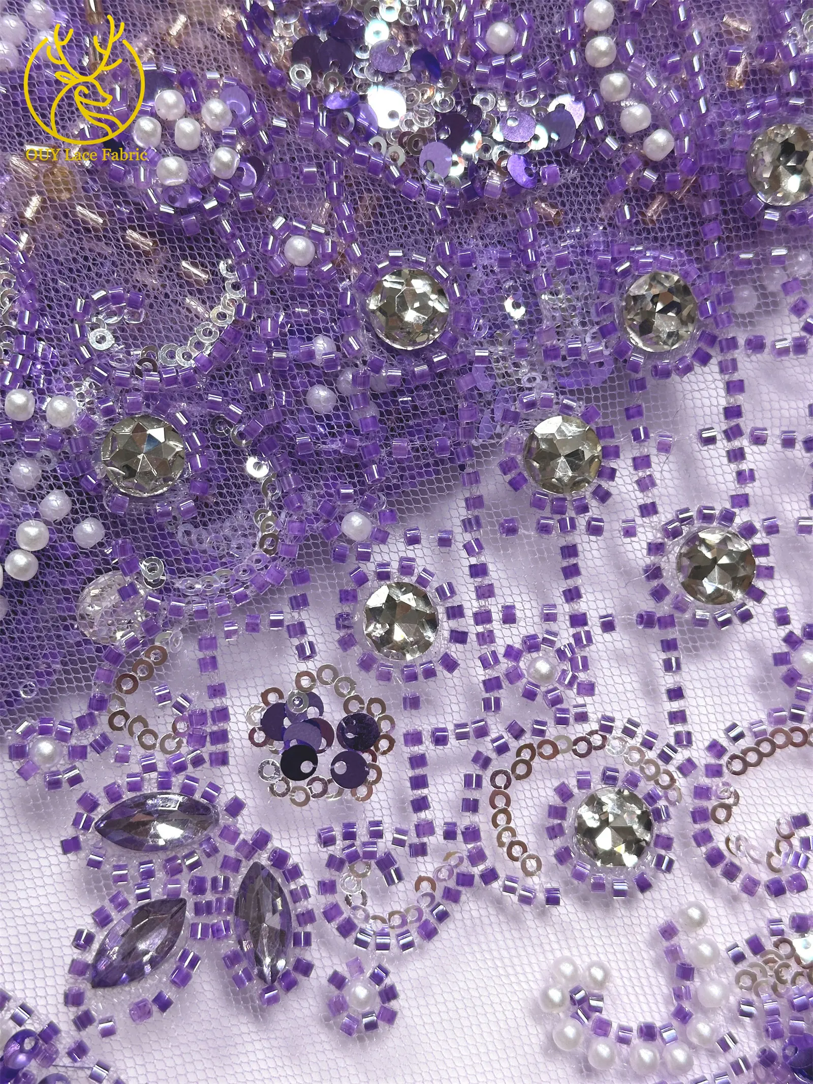 Lila afrikanischer Edelstein-Perlen-Spitzenstoff 2026 Luxuriöser französischer Pailletten-Spitzenstoff für Damen Brautkleid Hochzeitskleid Nähen 5 Yards – Detail 19