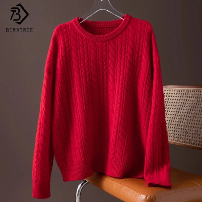 

Birdtree, осенний базовый вязаный свитер, 100% овечья шерсть, женский трикотаж с круглым вырезом и длинными рукавами, новый теплый пуловер 2025 T5O525JF