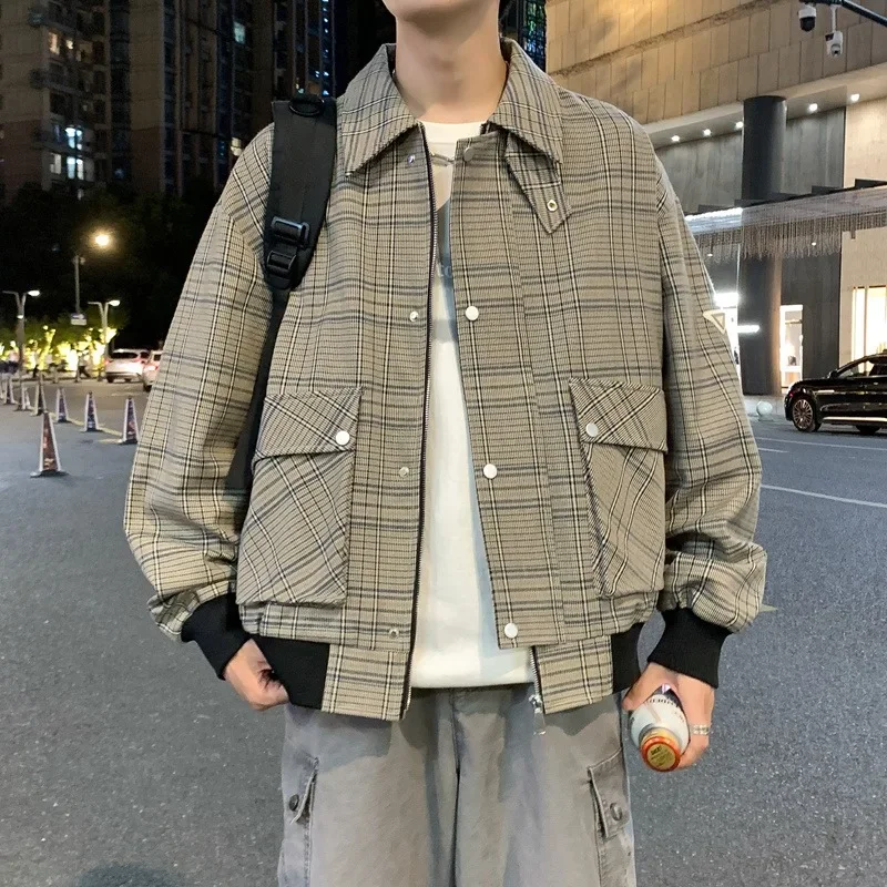 

Men Casual Baggy Windbreaker Coat Over sized Loose Clothes Contrast Color Stand Pockets Plaid Jacket for