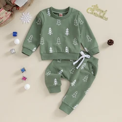 Toddler Baby Boy 2Pcs Christmas Clothes Set Christmas Tree Print Long Sleeve Crewneck Sweatshirt Tops Pants Newborn Outfits