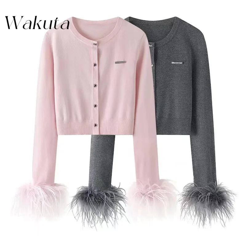 WAKUTA American Trend Round Neck Long Sleeve Solid Sweater Fall Design Romantic Feather Cardigan Street Style Pullovers 여성 반팔 니트