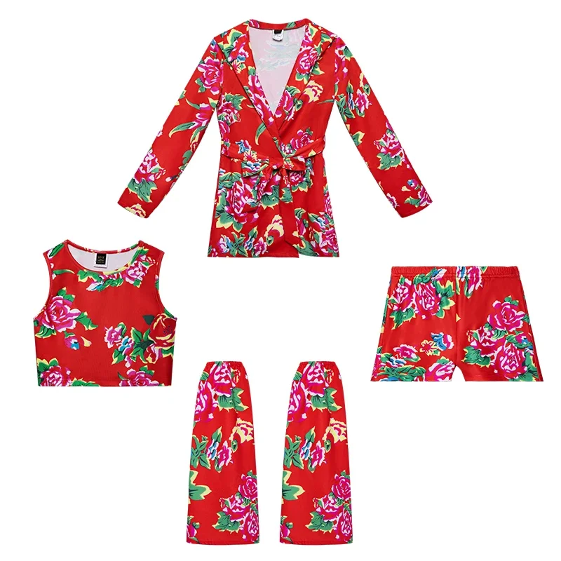 ZZL K-PoP ملابس الفتيات أزياء زهرة كبيرة شمال شرق ، Sudes النمط الصيني ، المدرج T للأطفال ، أزياء رقص الجاز للأطفال