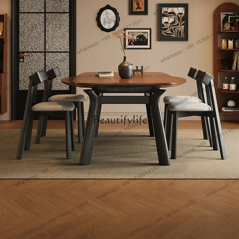 HJ French Vintage Style Solid Wood Dining Table, Extendable and Foldable, Square and Round Dual-use, White Ash Wood